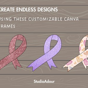 May include: Three customizable Canva frames in the shape of a ribbon. The frames are pink with glitter, purple with glitter, and white with a heart pattern.