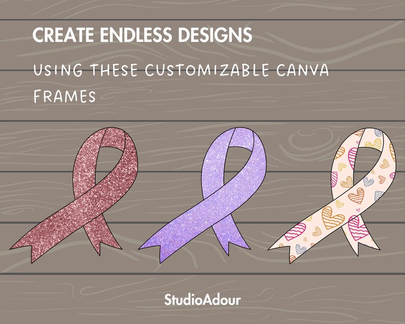 May include: Three customizable Canva frames in the shape of a ribbon. The frames are pink with glitter, purple with glitter, and white with a heart pattern.