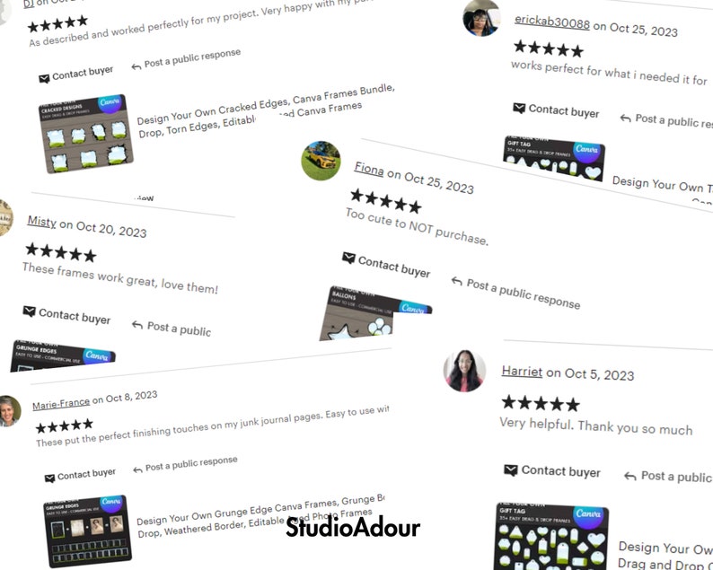 May include: Screenshots of Etsy reviews for a digital product. The reviews are positive and include five stars. The product is a set of digital frames for use in Canva. The product description includes the text "Design Your Own Cracked Edges, Canva Frames Bundle, Drop, Torn Edges, Editable".