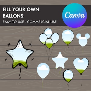 Op de afbeelding: Een set van negen printbare ballonvormen met een ontwerp van een lucht en gras. De ballonnen zijn in de vorm van een ster, hart, wolk, Mickey Mouse hoofd en een cluster van vijf ronde ballonnen. De tekst "FILL YOUR OWN BALLOONS" en "EASY TO USE - COMMERCIAL USE" staat bovenaan de afbeelding. De tekst "Canva" staat in een cirkel rechtsboven in de afbeelding.