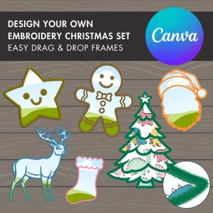 Design Your Own Christmas Canva Frames, Christmas Template, Faux embroidery Christmas Designs, Drag and Drop, Xmas Tree Santa Deer PNG