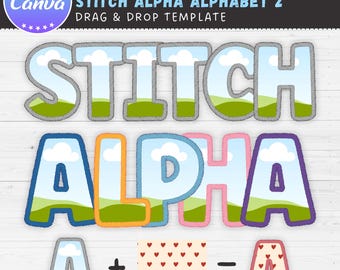 Cyfrowy haft Canva Alphabet, haft Alpha, aplikacje z literami i cyframi do haftu imitującego, pakiet ramek Canva, przeciąganie i upuszczanie, kolor dwutonowy