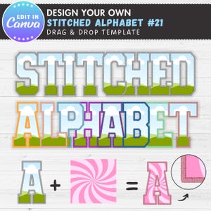 Digital Stitch Canva Letters Frames, Faux Embroidery Letters & Numbers, Applique Alphabet Template, Editable Varsity Font PNG, Drag and Drop