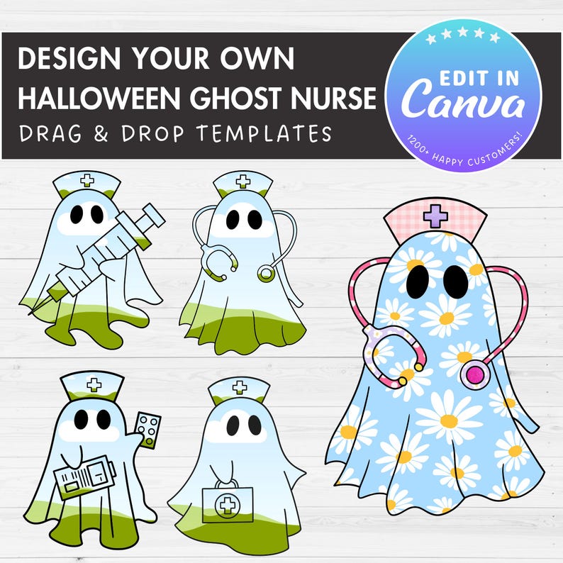 Design Your Own Nurse Ghost, Retro Ghost Canva Templates, Drag and Drop, Canva Frames Bundle, Spooky Season, Halloween Ghost, Groovy Ghost image 1