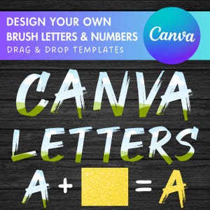 Könnte beinhalten: Eine Canva-Designvorlage mit dem Text "CANVA LETTERS" in einem Pinselschrift-Stil. Der Text ist in einem blau-grünen Farbschema mit weißem Hintergrund. Der Text befindet sich auf einem dunklen Holzgrund. Der Text "A + = A" befindet sich ebenfalls auf dem Hintergrund.