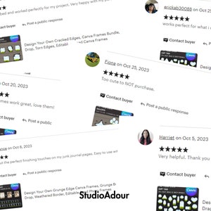 Puede incluir: Capturas de pantalla de rese&ntilde;as de Etsy para un producto digital. Las rese&ntilde;as son positivas e incluyen cinco estrellas. El producto es un conjunto de marcos digitales para usar en Canva. La descripci&oacute;n del producto incluye el texto "Design Your Own Cracked Edges, Canva Frames Bundle, Drop, Torn Edges, Editable".