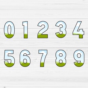 May include: A set of ten numbers, 0 through 9, with a blue sky and green grass design. Each number is outlined in black.