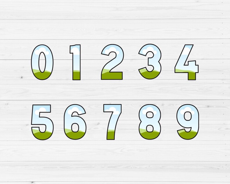 May include: A set of ten numbers, 0 through 9, with a blue sky and green grass design. Each number is outlined in black.