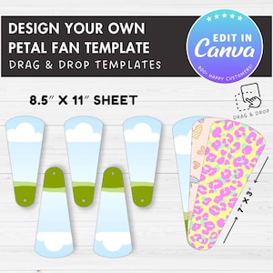 Peut inclure: Feuille imprimable de 8,5 x 11 pouces avec cinq modèles de ventilateurs à pétales. Les modèles présentent un ciel bleu, des nuages blancs et de l'herbe verte. La feuille comprend également des instructions pour modifier dans Canva et faire glisser et déposer les modèles.