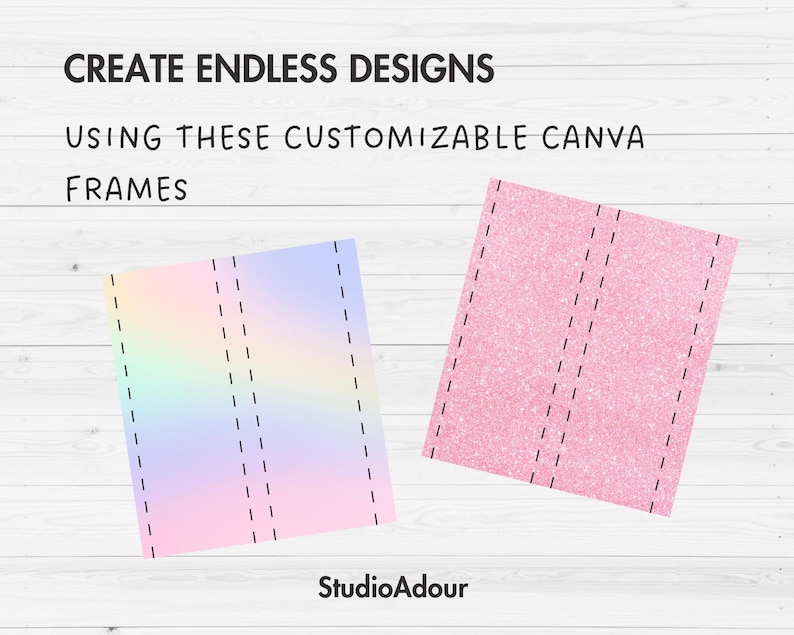 K&ouml;nnte beinhalten: Zwei anpassbare Canva-Rahmen, einer mit einem Regenbogen-Verlauf und der andere mit einer rosa Glitzer-Textur. Beide Rahmen haben schwarze gestrichelte Linien.