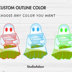 May include: Three cartoon ghosts holding stacks of books. The ghosts are outlined in red, blue, and green. The text "CUSTOM OUTLINE COLOR CHOOSE ANY COLOR YOU WANT" is at the top of the image.