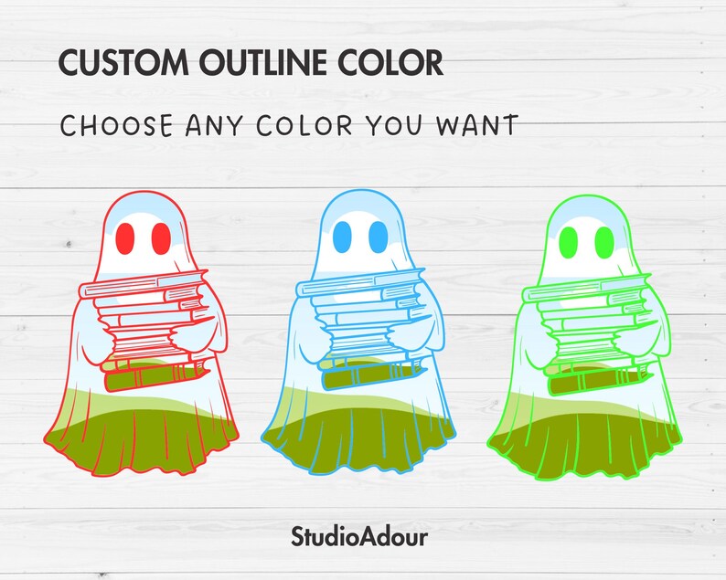 May include: Three cartoon ghosts holding stacks of books. The ghosts are outlined in red, blue, and green. The text "CUSTOM OUTLINE COLOR CHOOSE ANY COLOR YOU WANT" is at the top of the image.