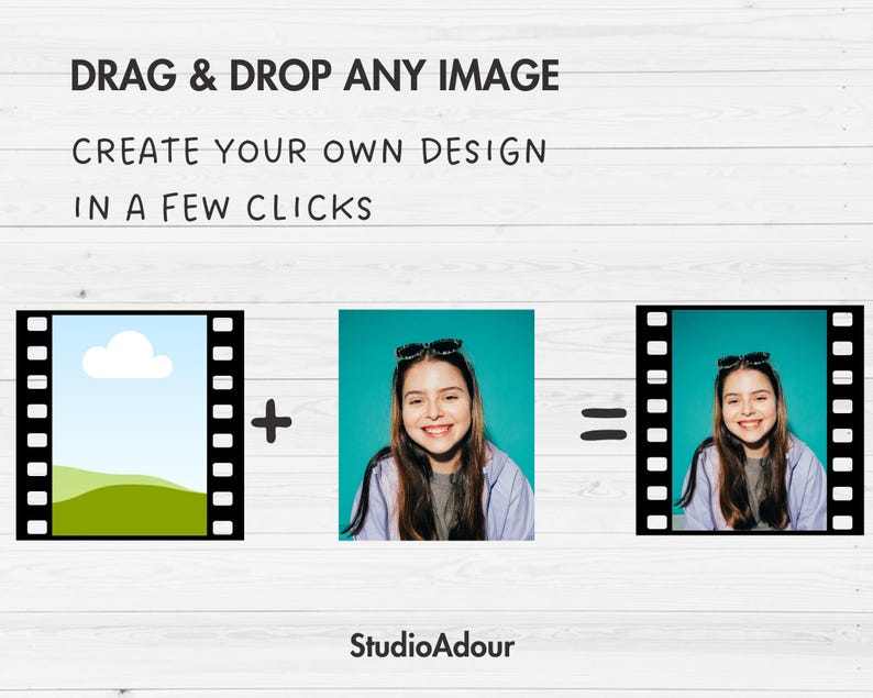 May include: A graphic showing how to create a custom design by combining a landscape image with a photo of a person. The text reads "DRAG & DROP ANY IMAGE", "CREATE YOUR OWN DESIGN", and "IN A FEW CLICKS".