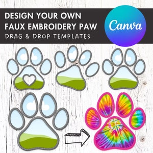 Entwerfe deine eigene Kunststickerei Pfote, digitale Stichpfote, Hundepfote Applikation, Canva Frames Bundle, Haustierpfote Flecken Duoton, Ziehe die Pfote auf
