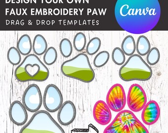 Design Your Own Faux Embroidery Paw, Digital Stitch Paw, Dog Paw Applique, Canva Frames Bundle, Pet Paw Patch Duotone, Drag and Drop PNG