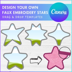 Peut inclure: Cinq modèles d'étoiles grises en forme d'étoile pour la broderie factice avec un design de paysage à l'intérieur. Les modèles sont sur un fond de bois blanc. Une flèche pointe vers une étoile rose avec un fil rose cousu autour du bord.