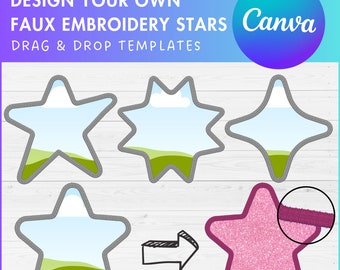 Design Your Own Faux Embroidery Stars, Digital Stitch Stars, Stars Applique, Canva Frames Bundle, Celestial Patch Duotone, Drag and Drop PNG