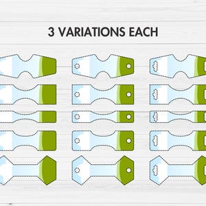 May include: A collection of twelve die-cut tags in three variations, each with a light blue and green color scheme. The tags are arranged in rows and columns, with the text "3 VARIATIONS EACH" at the top.