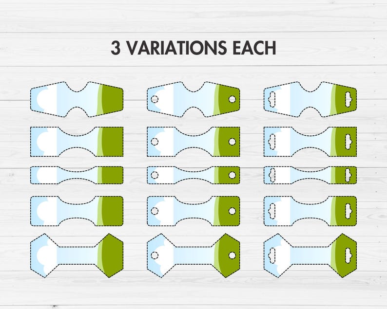 May include: A collection of twelve die-cut tags in three variations, each with a light blue and green color scheme. The tags are arranged in rows and columns, with the text "3 VARIATIONS EACH" at the top.