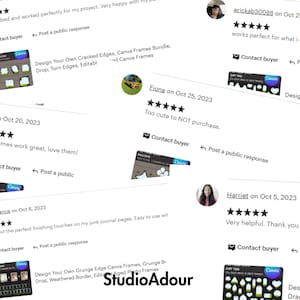 May include: Screenshots of Etsy reviews for a digital product. The reviews are positive and include five stars. The product is a set of digital frames for Canva. The frames are described as "Cracked Edges, Canva Frames Bundle, Drop, Torn Edges, Editable".