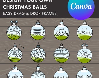 May include: Twelve different Christmas ball ornaments with various designs, including stars, snowflakes, and swirls. The ornaments are white with green accents and are set against a woodgrain background. The text "Canva" is visible in the top right corner of the image.