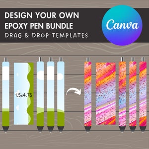 May include: Design your own epoxy pen bundle with these drag and drop templates. The templates are 1.5 x 4.75 inches and feature a variety of designs, including clouds, grass, and abstract patterns. The finished pens will be approximately 4.75 inches long.