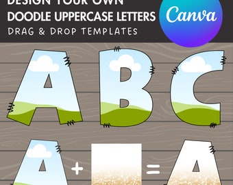 Zaprojektuj własne litery Doodle w Canva, edytowalny szablon alfabetu Doodle w Canva, przeciągnij i upuść czcionkę Canva, puste litery Doodle w PNG
