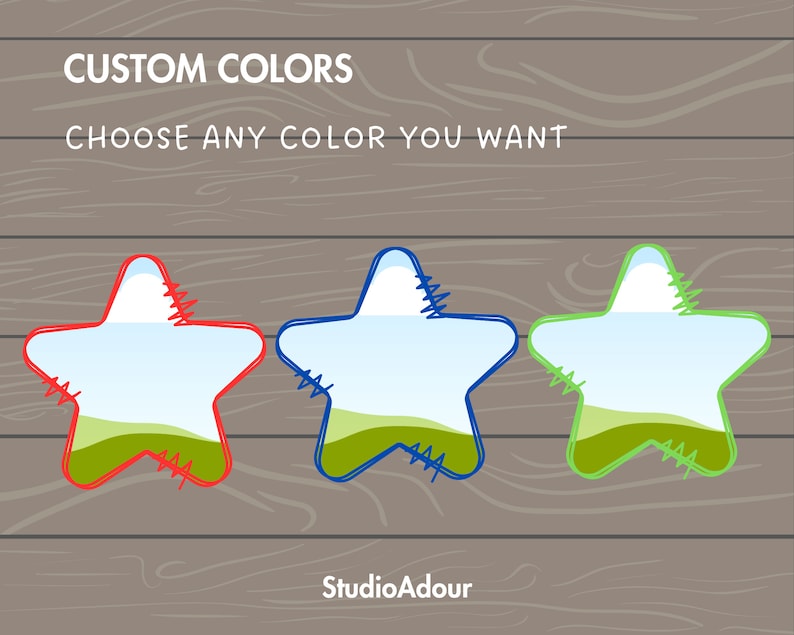 May include: Three star-shaped frames with a stitched outline. The frames are red, blue, and green. The text "CUSTOM COLORS CHOOSE ANY COLOR YOU WANT" is above the frames. The text "Studio Adour" is below the frames.