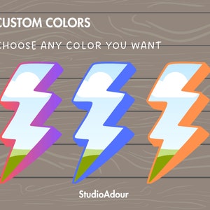 Puede incluir: Tres ilustraciones de rayos con un fondo de cielo y hierba. Los rayos son de diferentes colores: rosa y morado, azul y naranja.