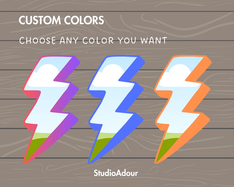 Puede incluir: Tres ilustraciones de rayos con un fondo de cielo y hierba. Los rayos son de diferentes colores: rosa y morado, azul y naranja.