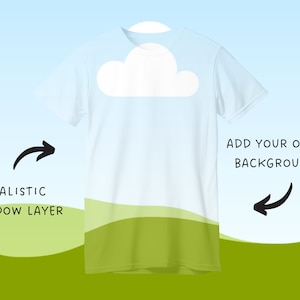 May include: A plain white t-shirt with a realistic shadow layer effect. The image includes the text "ADD YOUR OWN BACKGROUND" and "REALISTIC SHADOW LAYER" with arrows pointing to the shirt. The background is a gradient of blue and green.