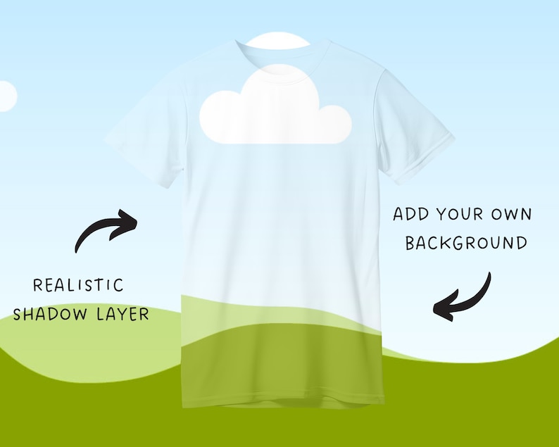 May include: A plain white t-shirt with a realistic shadow layer effect. The image includes the text "ADD YOUR OWN BACKGROUND" and "REALISTIC SHADOW LAYER" with arrows pointing to the shirt. The background is a gradient of blue and green.