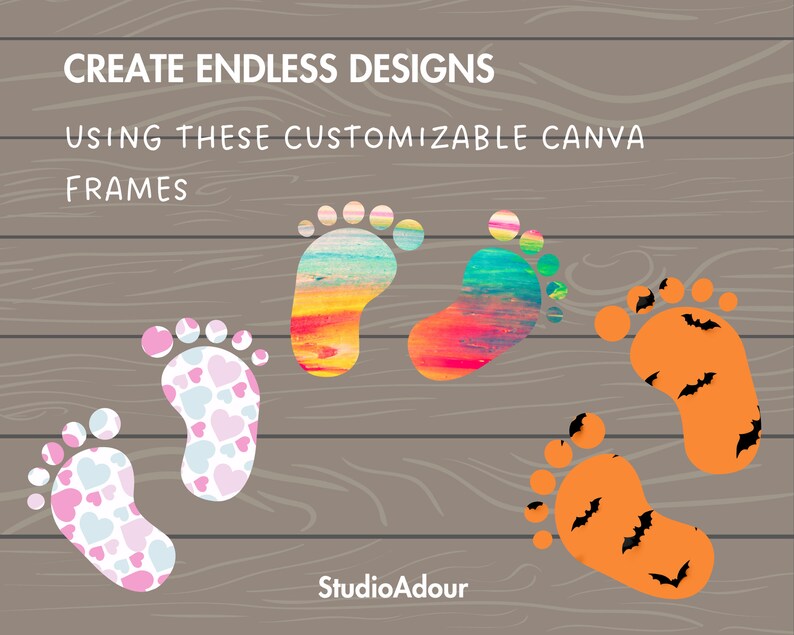 Puede incluir: Cinco dise&ntilde;os diferentes de huellas de pies de beb&eacute; para usar en Canva. Los dise&ntilde;os incluyen un arco&iacute;ris, un dise&ntilde;o abstracto colorido, un patr&oacute;n de corazones y dos dise&ntilde;os con murci&eacute;lagos.