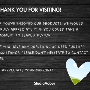 Puede incluir: &iexcl;Gracias por visitar! Si has disfrutado de nuestros productos, realmente apreciar&iacute;amos que te tomaras un momento para dejar una rese&ntilde;a. Si tienes alguna pregunta o necesitas m&aacute;s ayuda, no dudes en ponerte en contacto conmigo. &iexcl;Agradezco tu apoyo! StudioAdour