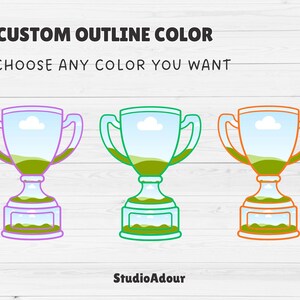 K&ouml;nnte beinhalten: Drei Troph&auml;enillustrationen mit individuellen Umrissfarben. Die Troph&auml;en haben eine transparente Tasse mit einer Landschaftsszene und sind in Lila, Gr&uuml;n und Orange umrandet. Der Text lautet "CUSTOM OUTLINE COLOR" und "CHOOSE ANY COLOR YOU WANT".