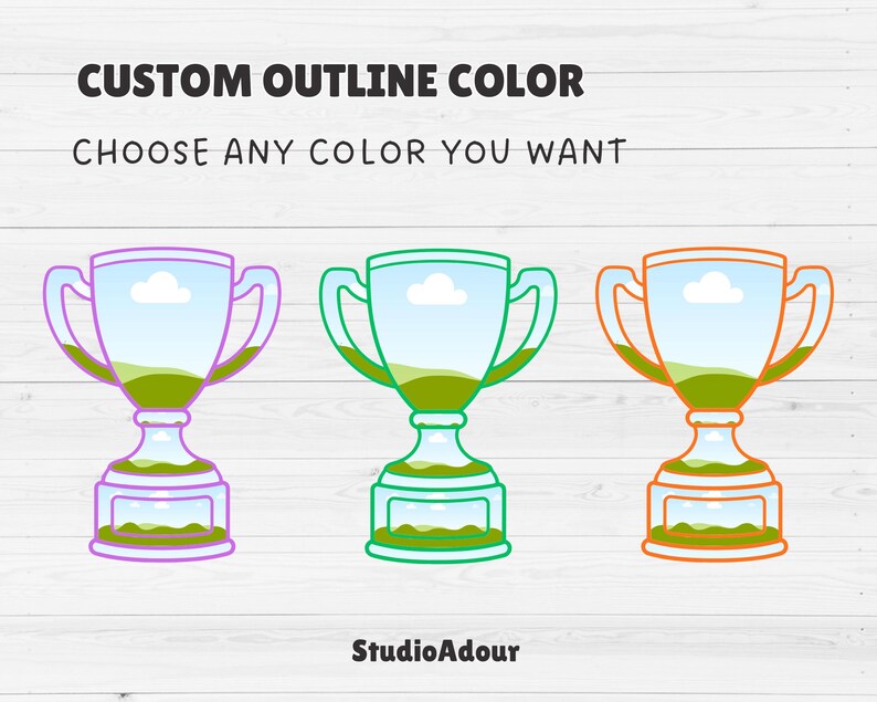 K&ouml;nnte beinhalten: Drei Troph&auml;enillustrationen mit individuellen Umrissfarben. Die Troph&auml;en haben eine transparente Tasse mit einer Landschaftsszene und sind in Lila, Gr&uuml;n und Orange umrandet. Der Text lautet "CUSTOM OUTLINE COLOR" und "CHOOSE ANY COLOR YOU WANT".