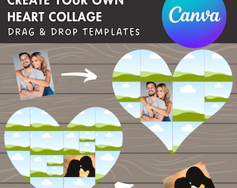 Diseña tu propio collage de fotos de corazones en Canva, collage de fotos DIY, arrastra y suelta fotos, plantilla de collage editable de Canva, paquete de marcos de Canva