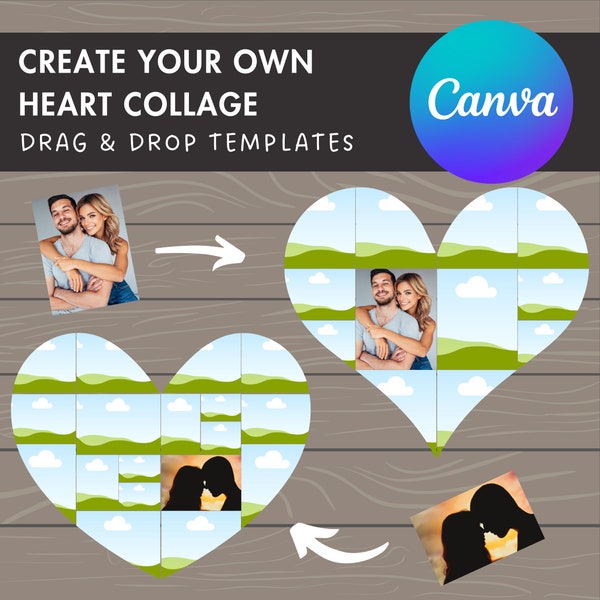 Design Your Own Heart Photo Collage in Canva, DIY Photo Collage, Drag and Drop Photo, Editable Canva Collage Template, Canva Frames Bundle