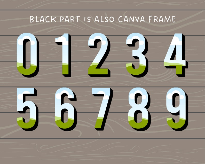 May include: A set of ten numbers, 0 through 9, with a green, blue, and white landscape design. The numbers are outlined in black and have a 3D effect.