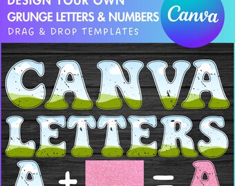 Diseña tu propio alfabeto desgastado y moderno en Canva, letras retro de Canva, arrastrar y soltar, letras y números editables de Canva, alfabeto grunge