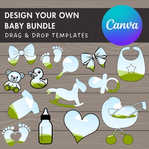 May include: A set of 12 baby-themed design templates for use with Canva. The templates feature a variety of images, including a teddy bear, a rocking horse, a baby bottle, a baby carriage, a dummy, a bib, a bow, a rattle, and footprints. The templates are designed to be used for creating baby shower invitations, announcements, or other baby-related projects.