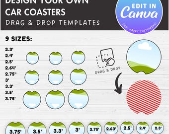 Car Coasters Editable Canva Template, Easy Drag and Drop, 2.75” Car Coaster Label Sublimation Template, Canva Frames Bundle, Car Cup Coaster