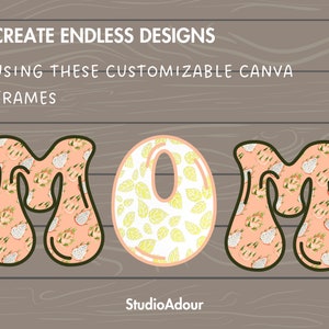 May include: Three customizable Canva frames in the shape of the letters "MOM" with a pink and white dragon fruit pattern. The frames are on a woodgrain background. The text "CREATE ENDLESS DESIGNS USING THESE CUSTOMIZABLE CANVA FRAMES" is above the frames. The text "StudioAdour" is below the frames.