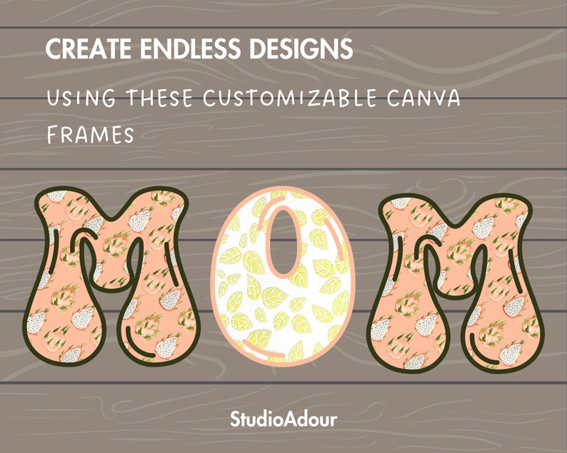May include: Three customizable Canva frames in the shape of the letters "MOM" with a pink and white dragon fruit pattern. The frames are on a woodgrain background. The text "CREATE ENDLESS DESIGNS USING THESE CUSTOMIZABLE CANVA FRAMES" is above the frames. The text "StudioAdour" is below the frames.