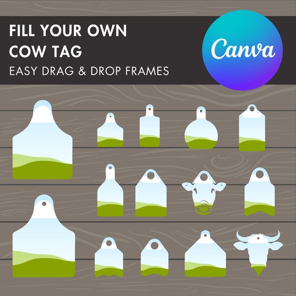 Ontwerp je eigen koe-tag op Canva, koe-oormerk Canva-sjabloon, tag Canva Frames-bundel, bewerkbare cadeau-tag-sjabloon, slepen en neerzetten prijskaartje