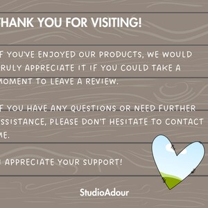 Puede incluir: Un mensaje de agradecimiento con un gr&aacute;fico de coraz&oacute;n sobre un fondo de madera. El texto dice "&iexcl;Gracias por visitar! Si has disfrutado de nuestros productos, realmente apreciar&iacute;amos que te tomaras un momento para dejar una rese&ntilde;a. Si tienes alguna pregunta o necesitas m&aacute;s ayuda, no dudes en ponerte en contacto conmigo. &iexcl;Agradezco tu apoyo! StudioAdour"