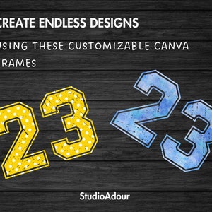 May include: Two customizable Canva frames in the shape of the number 23. The frame on the left is yellow with white polka dots. The frame on the right is blue with a watercolor effect.  Create endless designs using these customizable Canva frames.