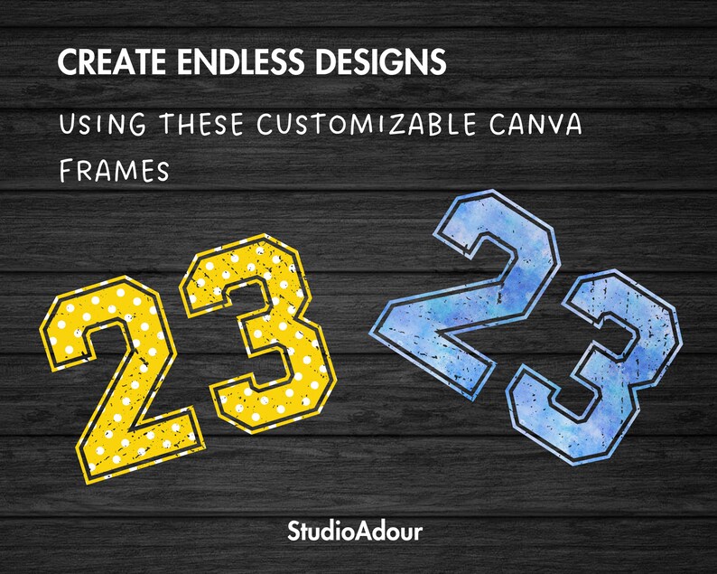 May include: Two customizable Canva frames in the shape of the number 23. The frame on the left is yellow with white polka dots. The frame on the right is blue with a watercolor effect.  Create endless designs using these customizable Canva frames.