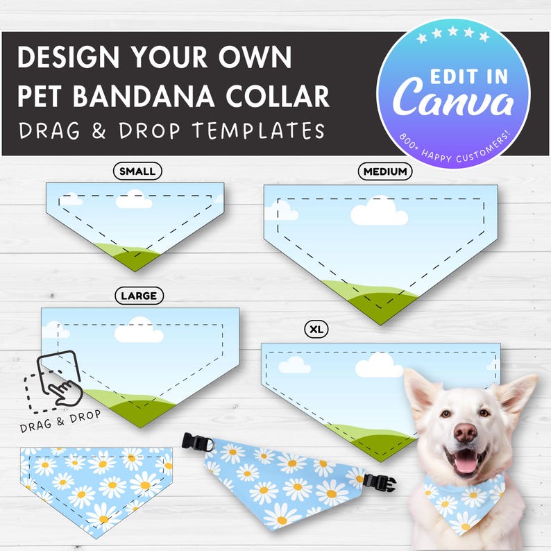 May include: Four customisable pet bandana collar templates in different sizes: small, large, XL, and medium. The templates feature a blue sky with white clouds and green grass. The text "DRAG & DROP" is shown with a hand holding a phone. The text "EDIT IN Canva" is shown with a star rating. The text "800 HAPPY CUSTOMERS!" is shown below the Canva logo. A white dog is wearing a bandana with a white daisy pattern on a blue background.