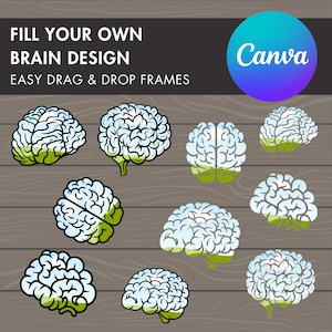 May include: Nine different brain outline illustrations with a blue and white sky and green grass inside. The outlines are black and the sky and grass are filled in. The text "FILL YOUR OWN BRAIN DESIGN" and "EASY DRAG & DROP FRAMES" is at the top of the image. The text "Canva" is in a circle at the top right of the image.